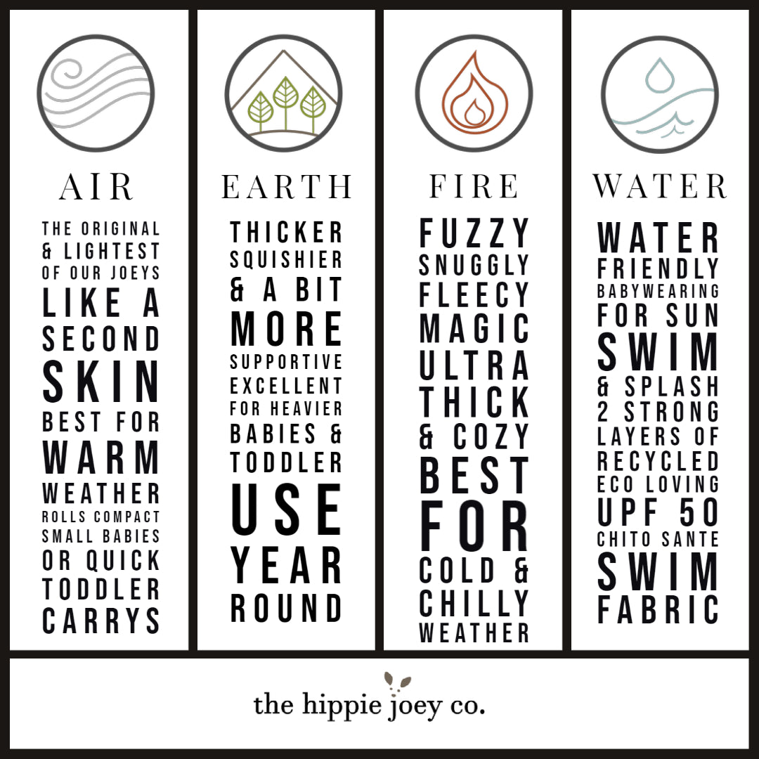 Difference between Joey AIR, EARTH, FIRE, & WATER comparison chart for The Hippie Joey Co.